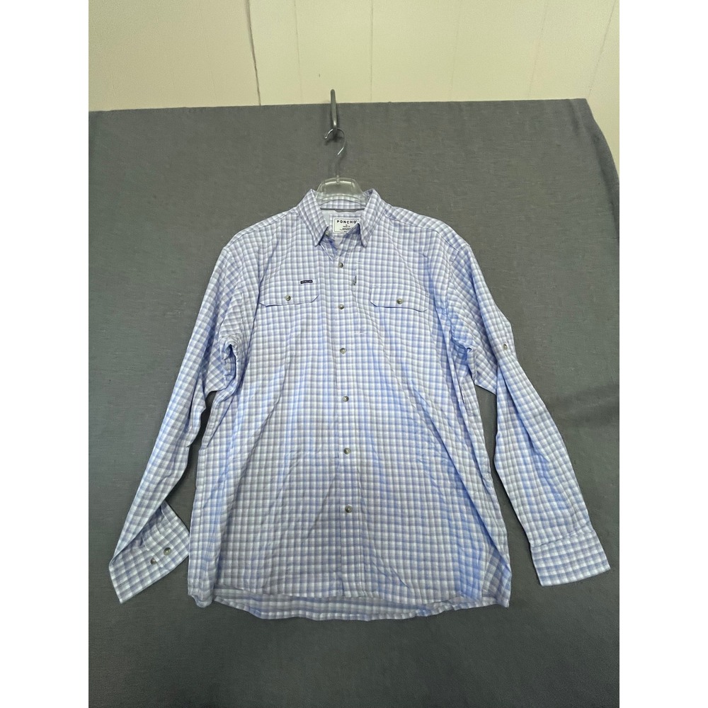 Poncho Outdoors Blue Gingham Fishing Shirt Mens XL Regular Fit Magnetic Pockets